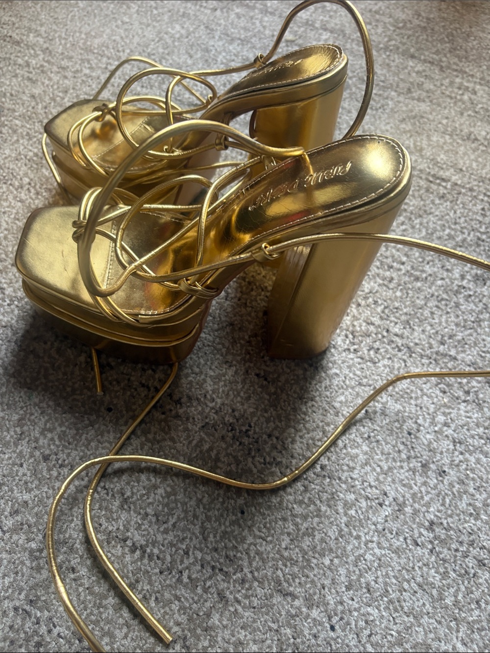 Public desire, glow girl gold metallic strappy platform block heel size 10